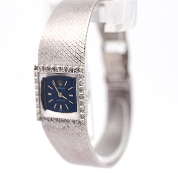 Rolex Precision 2157 Ladies 18k White Gold Diamond Bezel Blue Dial Watch 1972 – Assay Jewelers