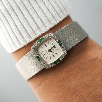 Rolex Precision Emerald & Diamond Bezel 18K White Gold Frosted Bracelet Watch – Assay Jewelers
