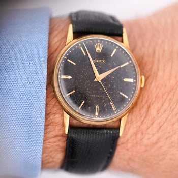 Rolex Speckled Gold Dial 33MM 18K Gold Precision Leather Watch – Assay Jewelers