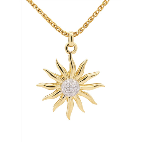 Vintage 0.85 Carat Sun Motif Diamond Pendant Necklace Crafted in 18k Yellow Gold