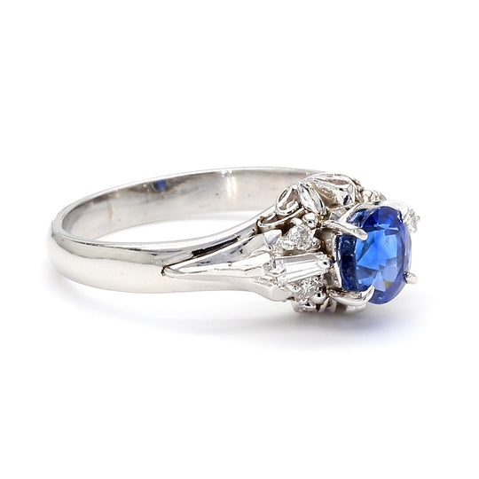 Vintage 0.97 Carat Oval Blue Sapphire & Diamond Filigree in Platinum Floral Ring