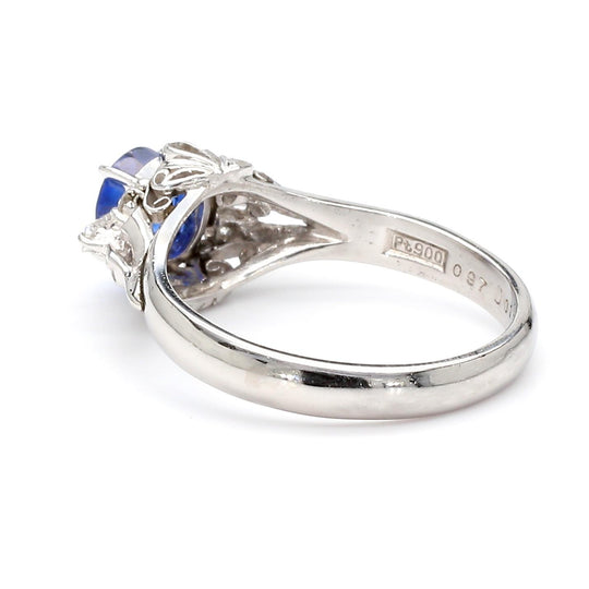 Vintage 0.97 Carat Oval Blue Sapphire & Diamond Filigree in Platinum Floral Ring