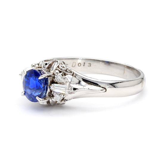 Vintage 0.97 Carat Oval Blue Sapphire & Diamond Filigree in Platinum Floral Ring