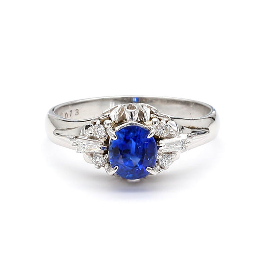 Vintage 0.97 Carat Oval Blue Sapphire & Diamond Filigree in Platinum Floral Ring