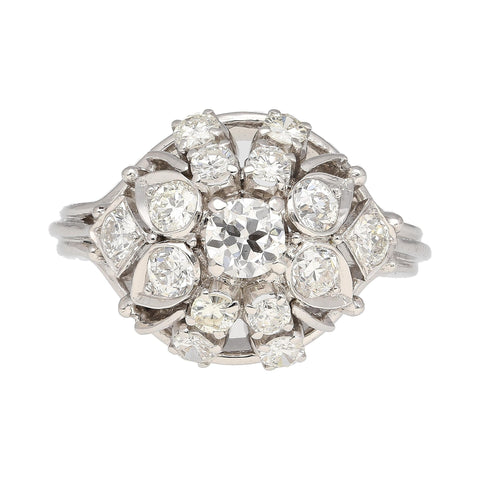 Vintage 1.30 Carat Old Euro-Cut Diamond Flower Ring in 14k White Gold