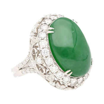Bague florale Anciens en jade cabochon ovale 24 carats et diamants ronds – Assay Jewelers