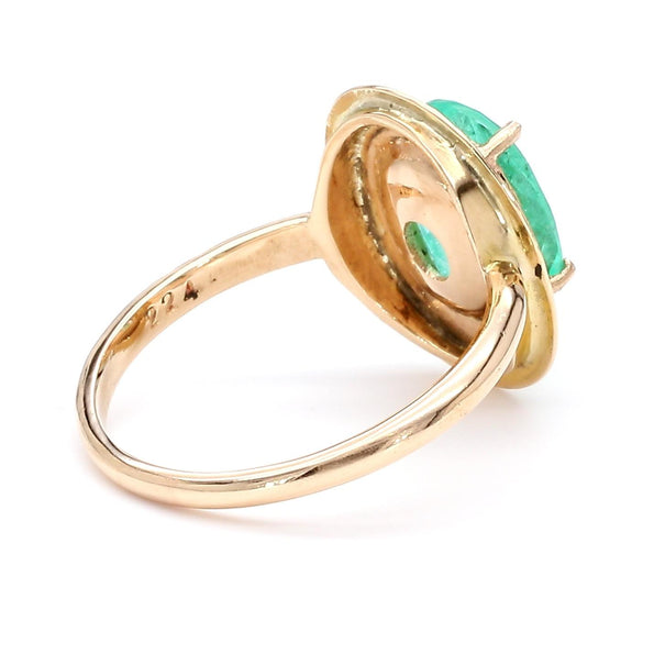 Vintage 2.24 Carat Oval Light Green Emerald 14K Gold Engraved Disc Ring