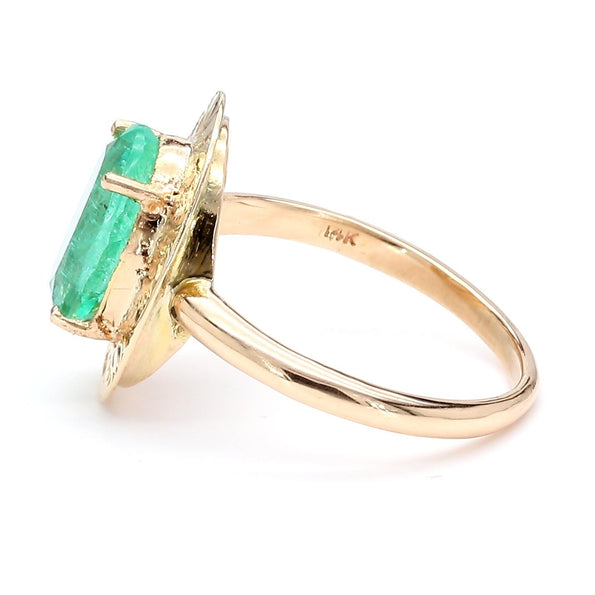 Vintage 2.24 Carat Oval Light Green Emerald 14K Gold Engraved Disc Ring