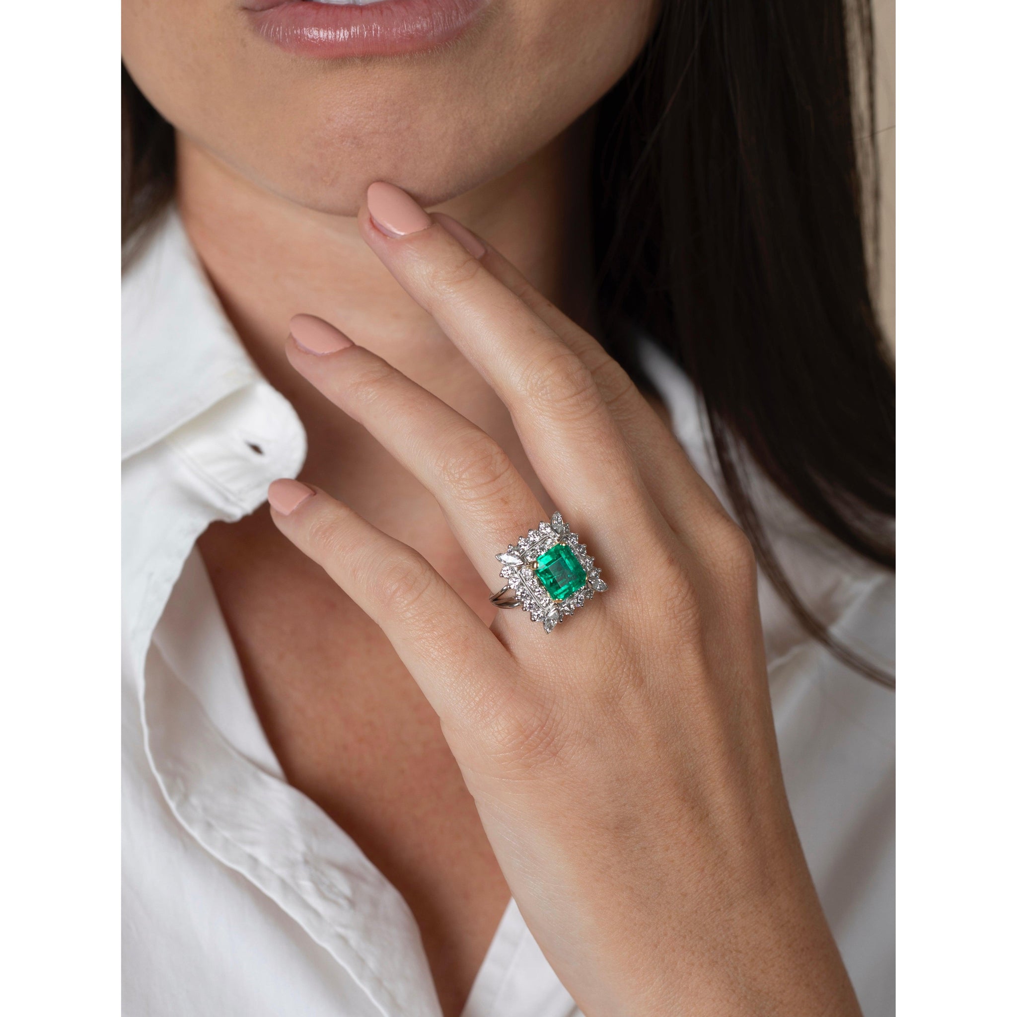 Vintage 3.31 Carat Minor Oil Colombian Emerald and Diamond Cluster Ring in Platinum