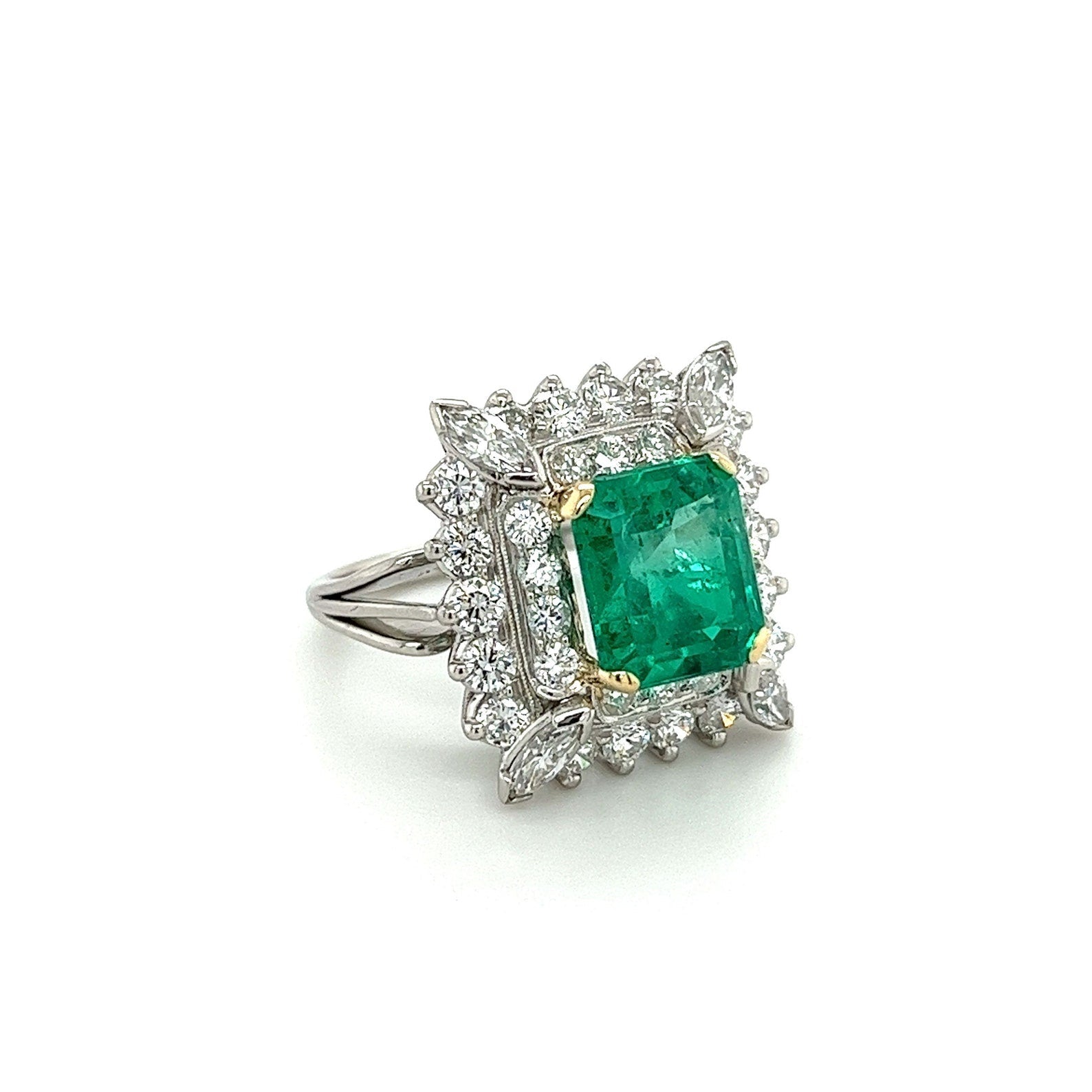 Vintage 3.31 Carat Minor Oil Colombian Emerald and Diamond Cluster Ring in Platinum