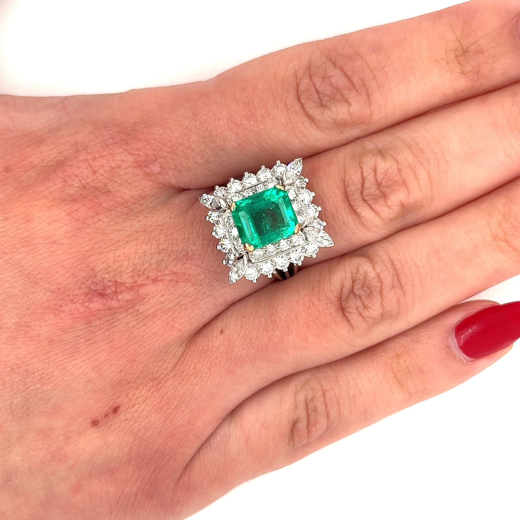 Vintage 3.31 Carat Minor Oil Colombian Emerald and Diamond Cluster Ring in Platinum