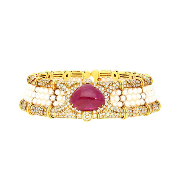 Vintage 45 Carat No Heat Ruby, Diamond, and Pearl Cuff Choker Necklace