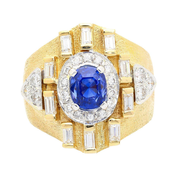 Vintage 4.57 Carat Blue Sapphire & Baguette Diamond Mens Matte Finish Gold Ring