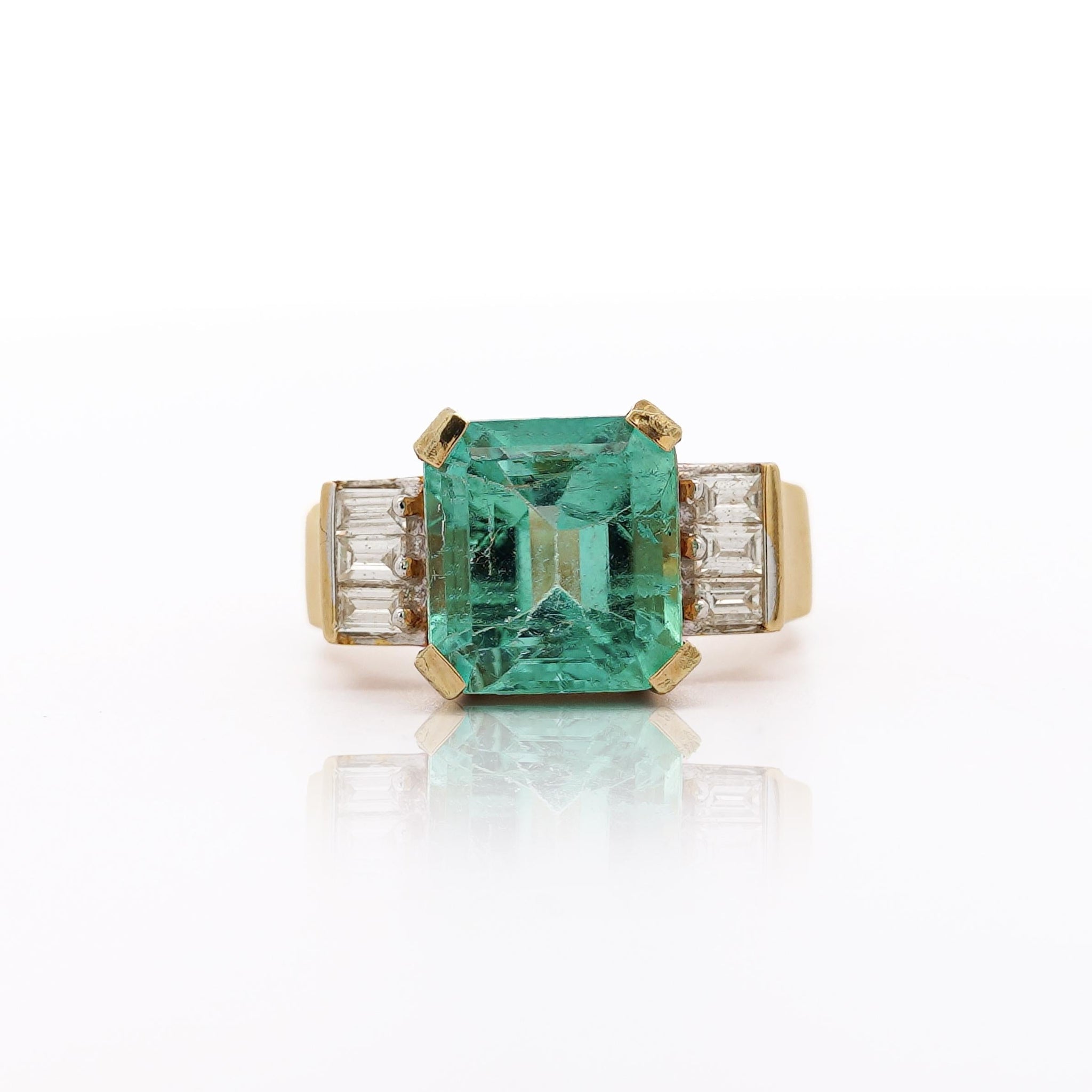 Vintage 5 Carat Emerald and Baguette Diamond in 18K Gold Ring