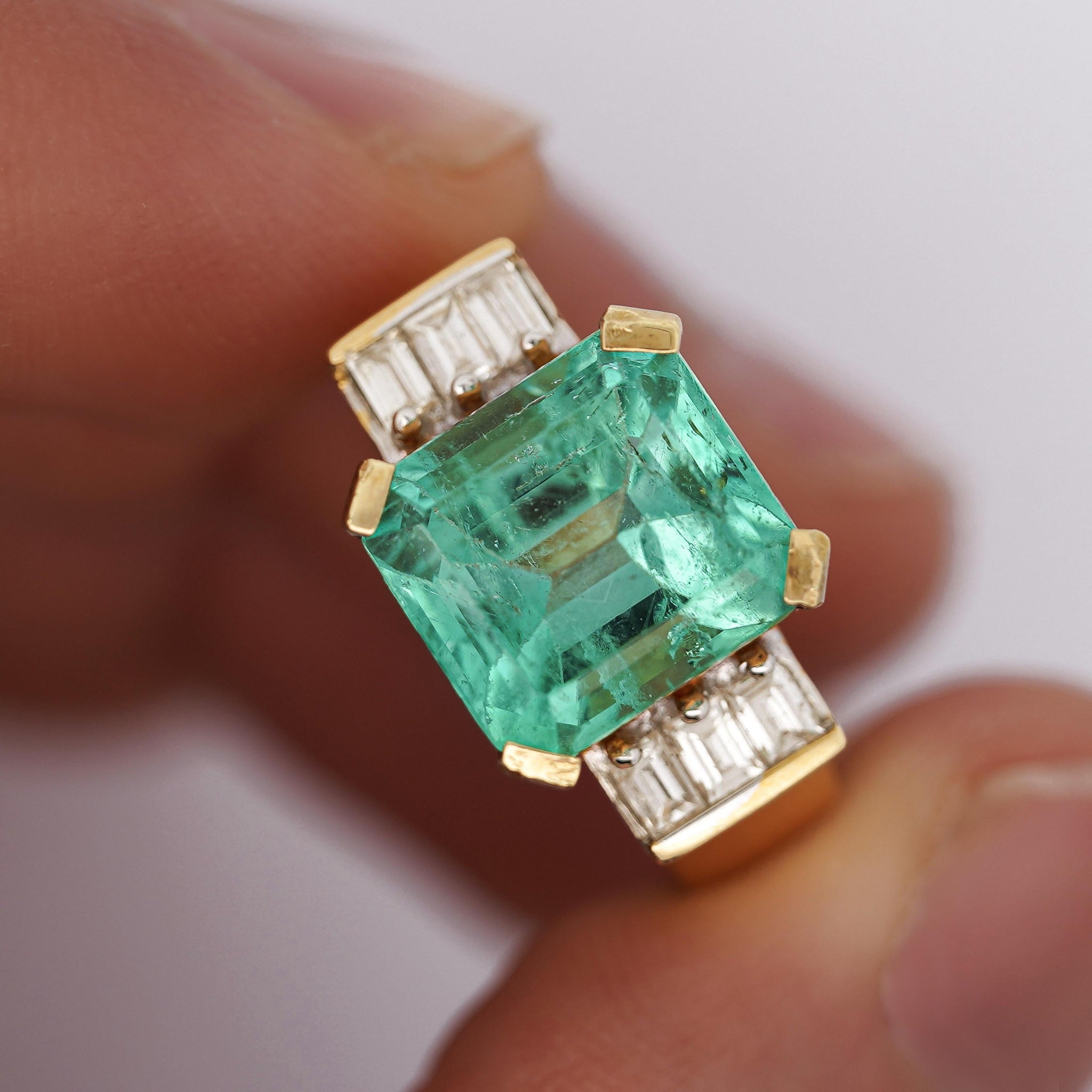 Vintage 5 Carat Emerald and Baguette Diamond in 18K Gold Ring