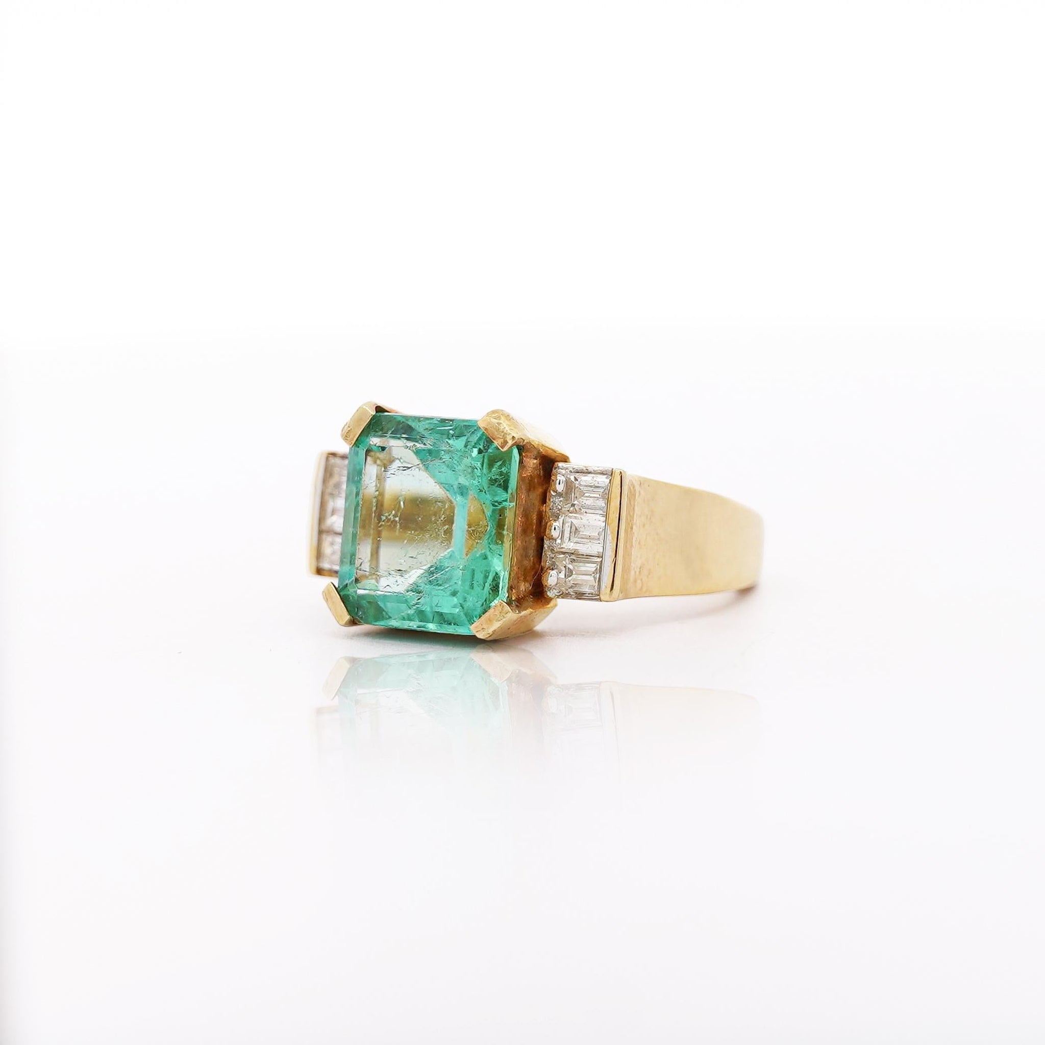 Vintage 5 Carat Emerald and Baguette Diamond in 18K Gold Ring