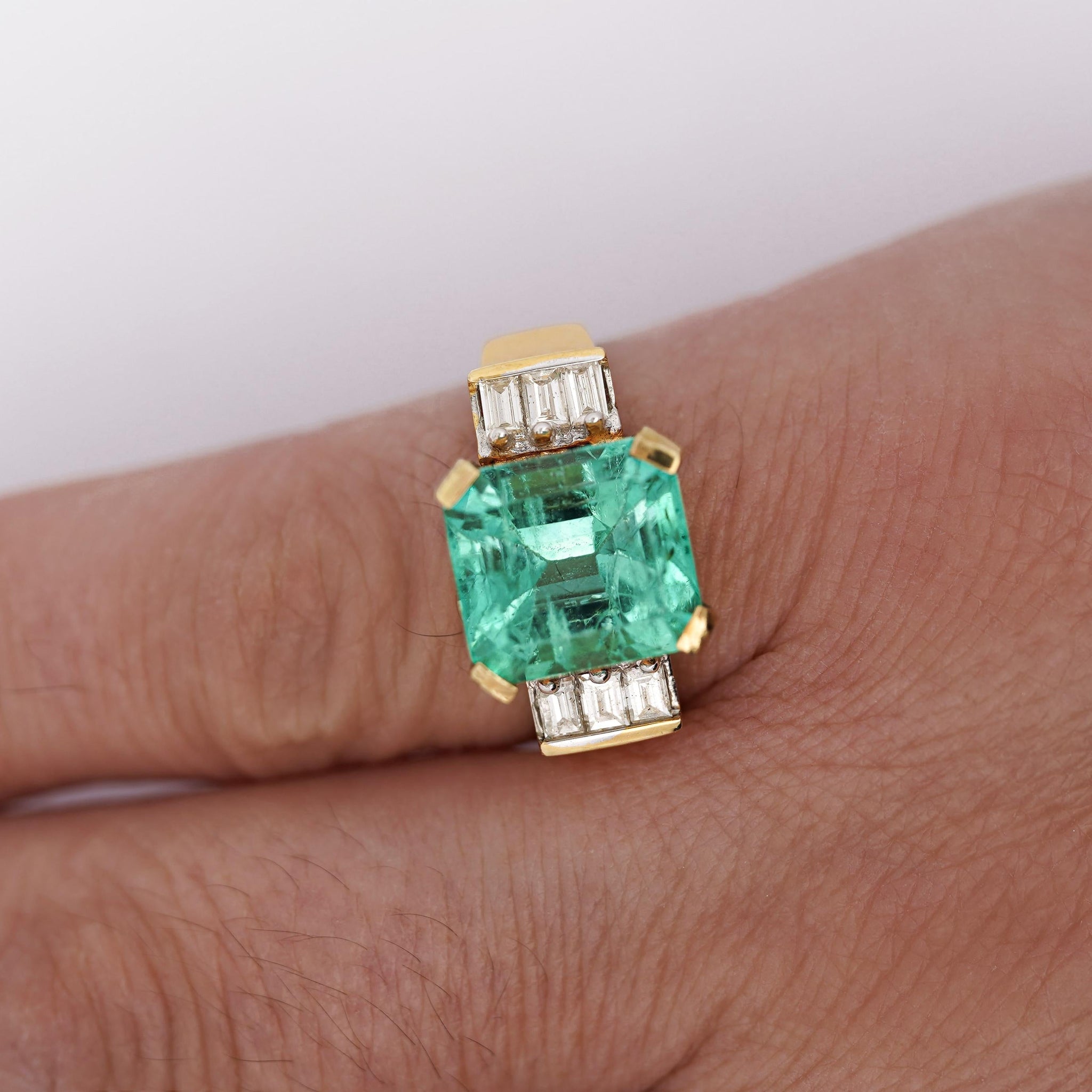Vintage 5 Carat Emerald and Baguette Diamond in 18K Gold Ring