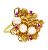 Vintage 5mm Pearl & Ruby Floral Cluster 18K Gold Twisted Shank Cocktail Ring