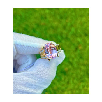 Vintage 9.50 Carat Oval Cut Pink Kunzite with Diamond Side Stone Cocktail Ring in 18K Yellow Gold – Assay Jewelers