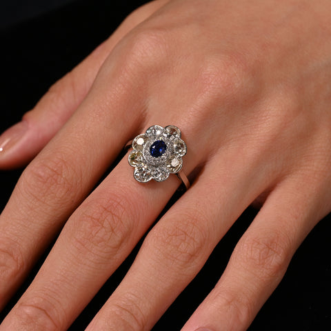 Vintage AGL Certified No Heat Burma Blue Sapphire and Old Euro Cut Diamond Ring in Platinum