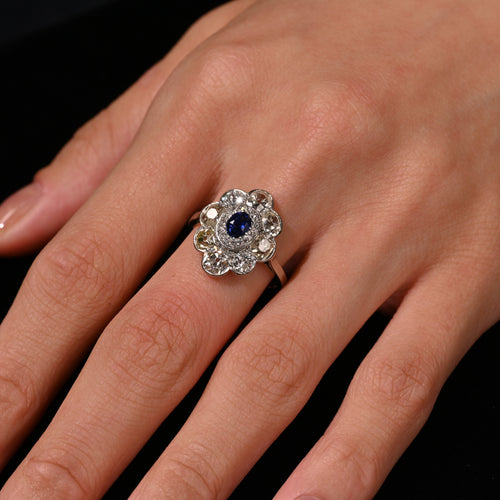 Vintage AGL Certified No Heat Burma Blue Sapphire and Old Euro Cut Diamond Ring in Platinum