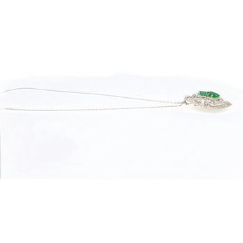 Vintage Art Nouveau Style Carved 18K White Gold Pendant Necklace With Shield Cut Emerald and Diamond Side Stones – Assay Jewelers