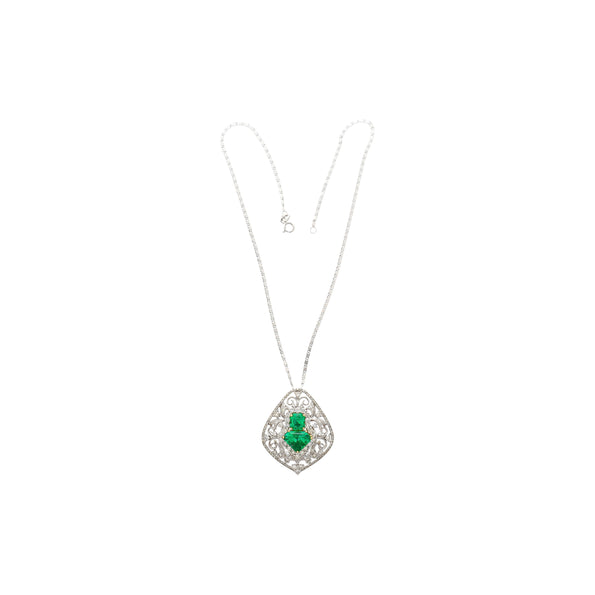 Vintage Art Nouveau Style Carved 18K White Gold Pendant Necklace With Shield Cut Emerald and Diamond Side Stones