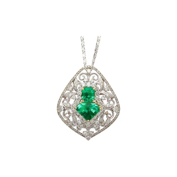 Vintage Art Nouveau Style Carved 18K White Gold Pendant Necklace With Shield Cut Emerald and Diamond Side Stones – Assay Jewelers
