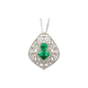 Vintage Art Nouveau Style Carved 18K White Gold Pendant Necklace With Shield Cut Emerald and Diamond Side Stones