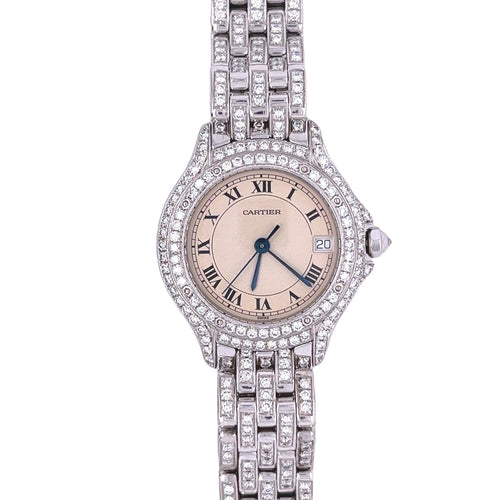 Vintage Cartier 28mm Round Dial Ballon Watch in 18k White Gold with Diamonds