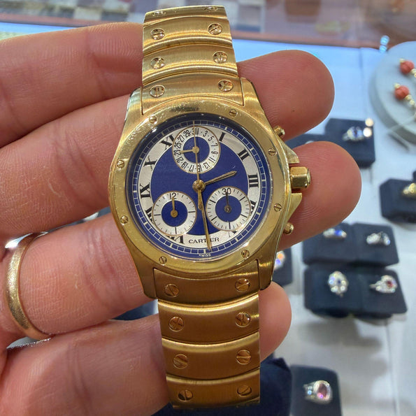 Vintage Cartier Ronde Blue Chronograph 18K Gold 30mm Watch