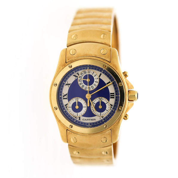 Vintage Cartier Ronde Blue Chronograph 18K Gold 30mm Watch
