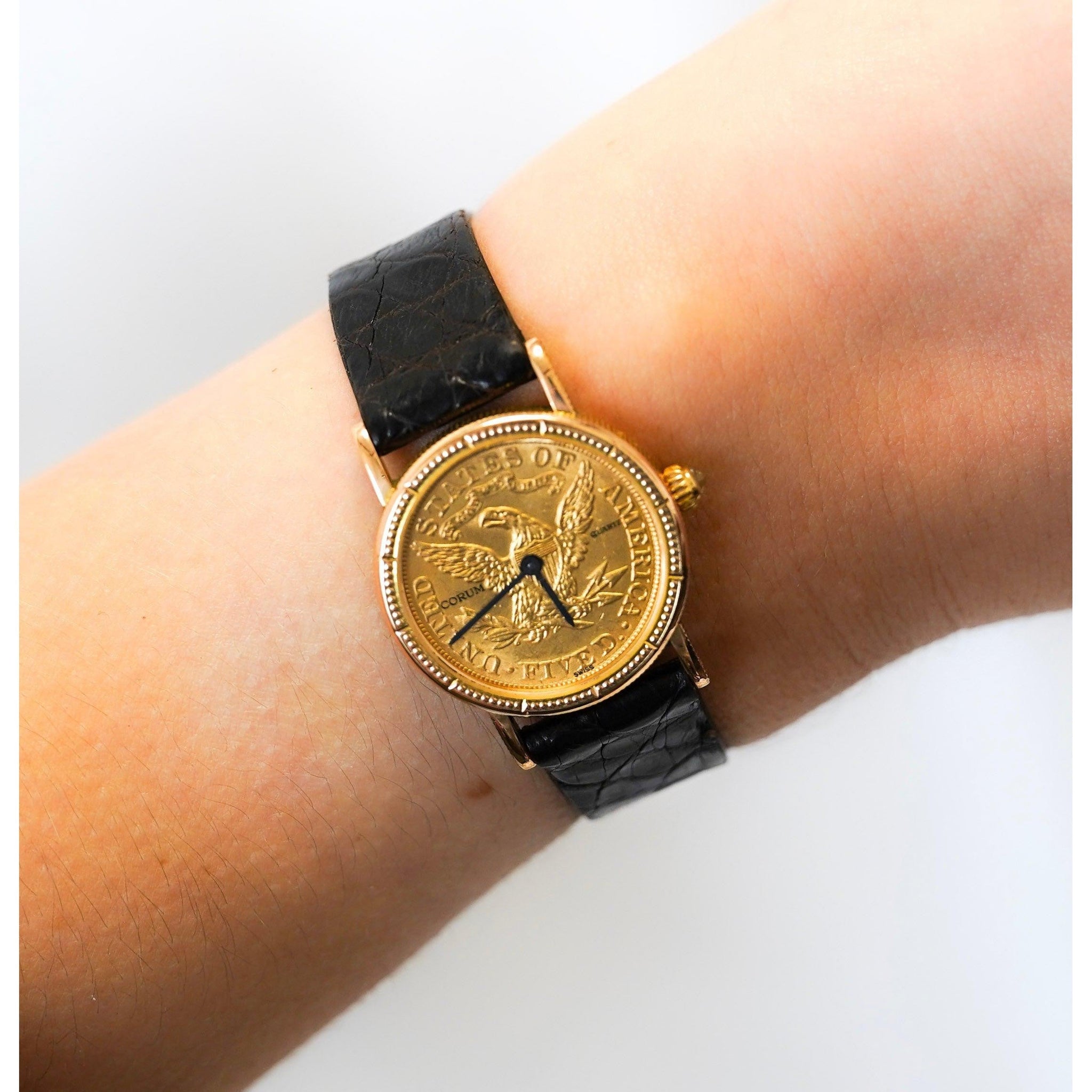 Vintage Corum 1899 5-Dollar USA Gold Coin Watch Face in Original Box with Crocodile Strap