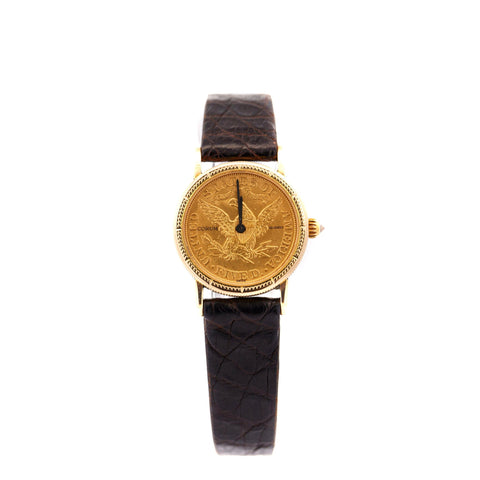 Vintage Corum 1899 5-Dollar USA Gold Coin Watch Face in Original Box with Crocodile Strap