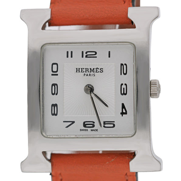 Vintage Hermes Heure H 30mm Steel White Dial Orange Swift Strap Quartz Watch