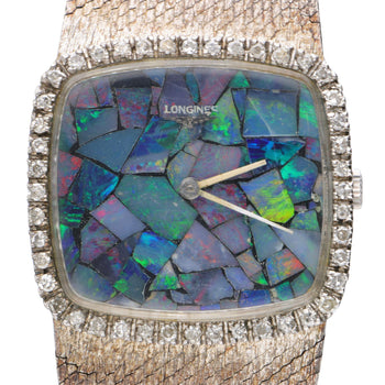 Vintage Longines Opal Mosaic Dial 34mm Diamond Bezel 18K White Gold Watch – Assay Jewelers