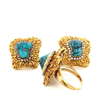 Vintage Raw Turquoise and Diamond Ring and Earring Set in 18k Gold – Assay Jewelers