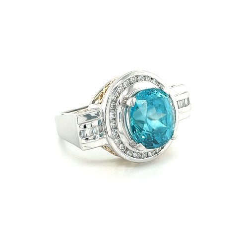 Vintage Retro Style 8 Carat Oval Cut Blue Zircon with Diamond Halo in Platinum & 18K Gold Filigree Set Ring