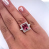 Vivid Pink 7 Carat Radiant Cut Tourmaline Ring with Round Diamond Halo in 18K Gold