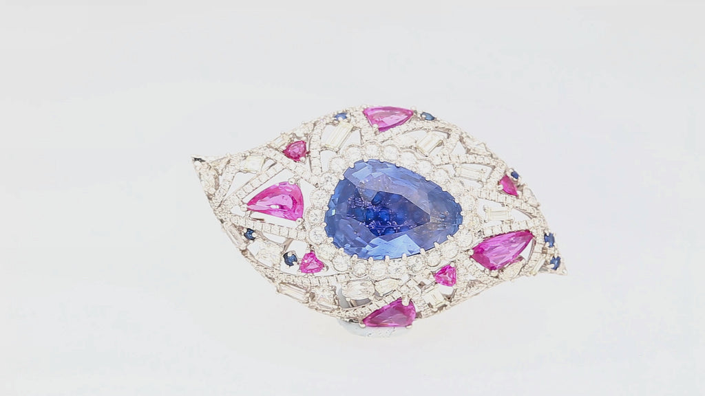 GIA Certified High Jewelry Sapphire and Diamond Eye Motif Pendant-Brooch