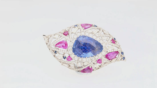 GIA Certified High Jewelry Sapphire and Diamond Eye Motif Pendant-Brooch