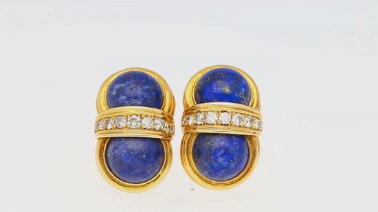 Vintage Cabochon Cut Lapis Lazuli and Diamond 18K Yellow Gold Clip-On Earrings