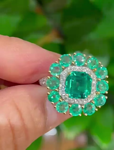 GRS Certified 4.93 Carat Emerald & Diamond 18K Gold Floral Cluster Cocktail Ring