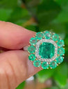 GRS Certified 4.93 Carat Emerald & Diamond 18K Gold Floral Cluster Cocktail Ring