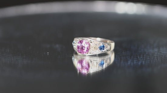 1.78 Carat Pink Sapphire Blue Sapphire Diamond 18K White Gold Vintage Ring