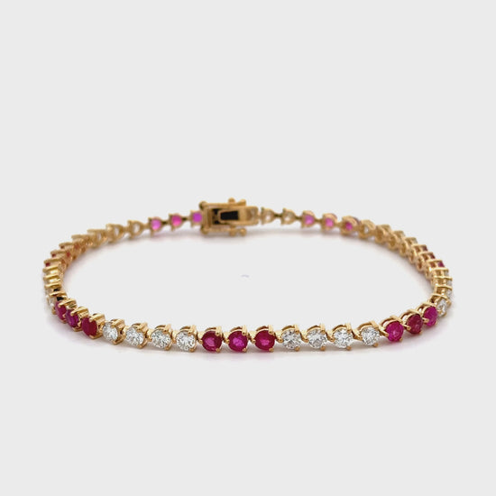 5 Carat Ruby and Lab Grown Diamond 3-Prong 14K Gold Tennis Bracelet