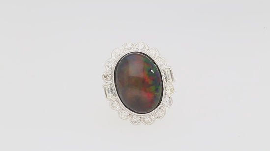 10.08 Carat Black Opal with Baguette and Round Diamond Halo Cocktail Ring