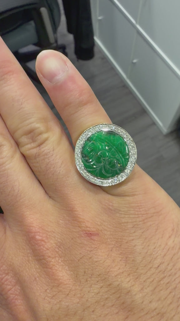 Carved Jade & Diamond in 18K Yellow Gold Two Tone White Gold Halo Wide Band Ring