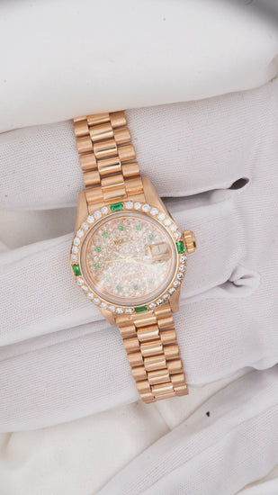 Rolex President Datejust 26mm 18K Gold Emerald & Diamond Ladies Watch